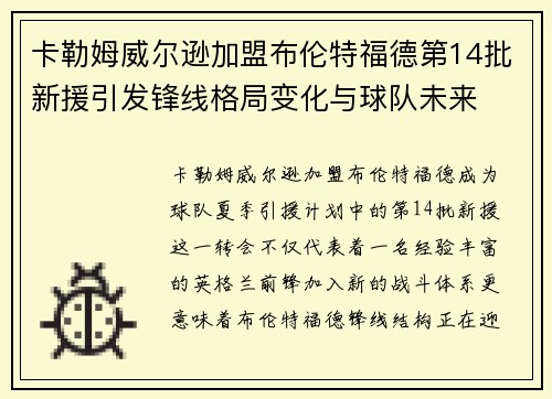 卡勒姆威尔逊加盟布伦特福德第14批新援引发锋线格局变化与球队未来